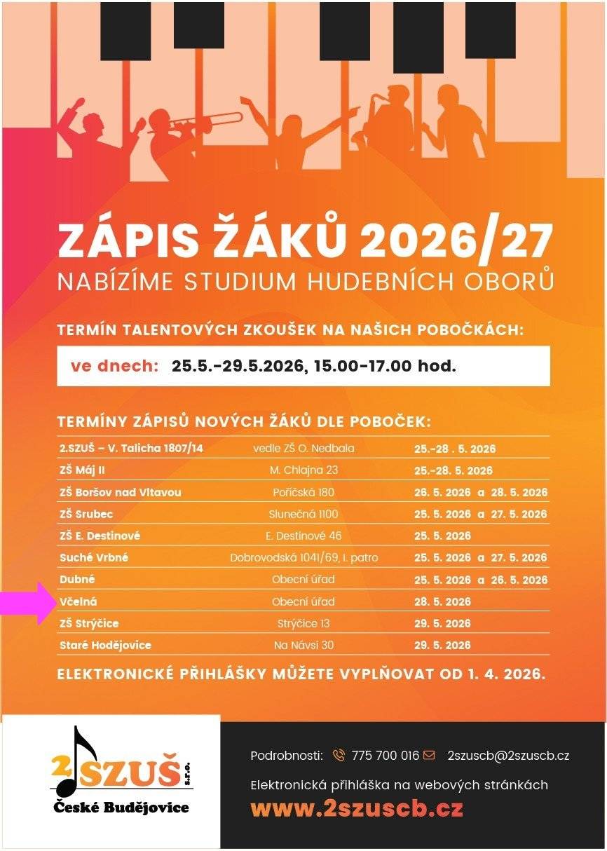 Milí rodiče, připomínáme, že dnes odpoledne bude probíhat zápis žáku ke studiu hry na hudební nástroje pro školní rok 2026/2027.  Nábor se uskuteční v čase od 15:00 do 17:00 v budově obecnho úřadu v 2. patře v učebně.