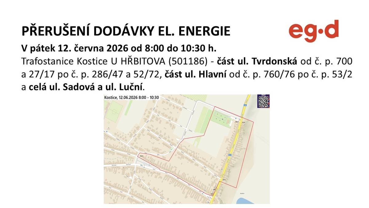 V pátek 12. června 2026 bude od 8:00 do 10:30 hodin přerušena dodávka elektrické energie v části ulic Tvrdonská, Hlavní, Sadová a Luční.