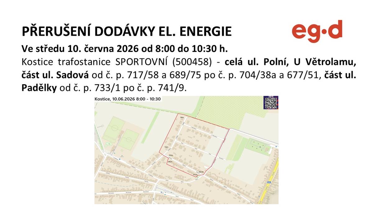 Ve středu 10. června 2026 od 8:00 do 10:30 dojde k plánovanému přerušení dodávky elektrické energie. Dotkne se ulic Polní, U Větrolamu, části ul. Sadová a Padělky.