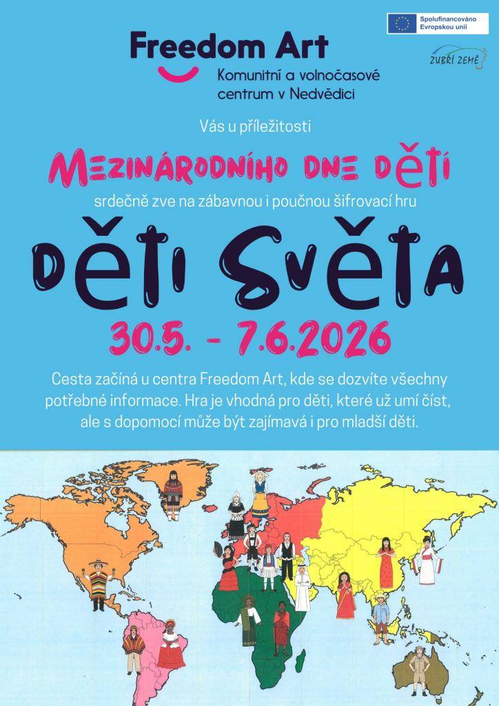 Srdečně vás zveme na zábavnou a poučnou šifrovací hru, která se koná u příležitosti Mezinárodního dne dětí. Akce probíhá od 30. května do 7. června 2026 a je určena pro děti, které již umí číst. S dopomocí se však mohou zapojit i mladší děti. Všechny potřebné informace získáte přímo v centru Freedom