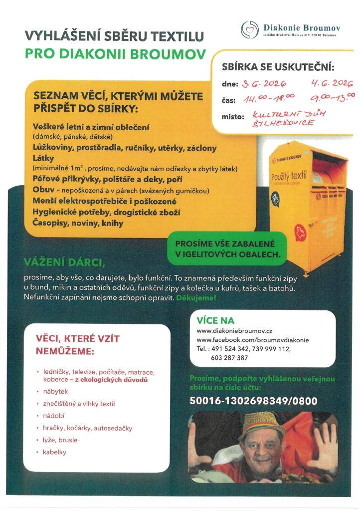 Obec Šilheřovice vyhlašuje sběr textilu pro Diakonii Broumov