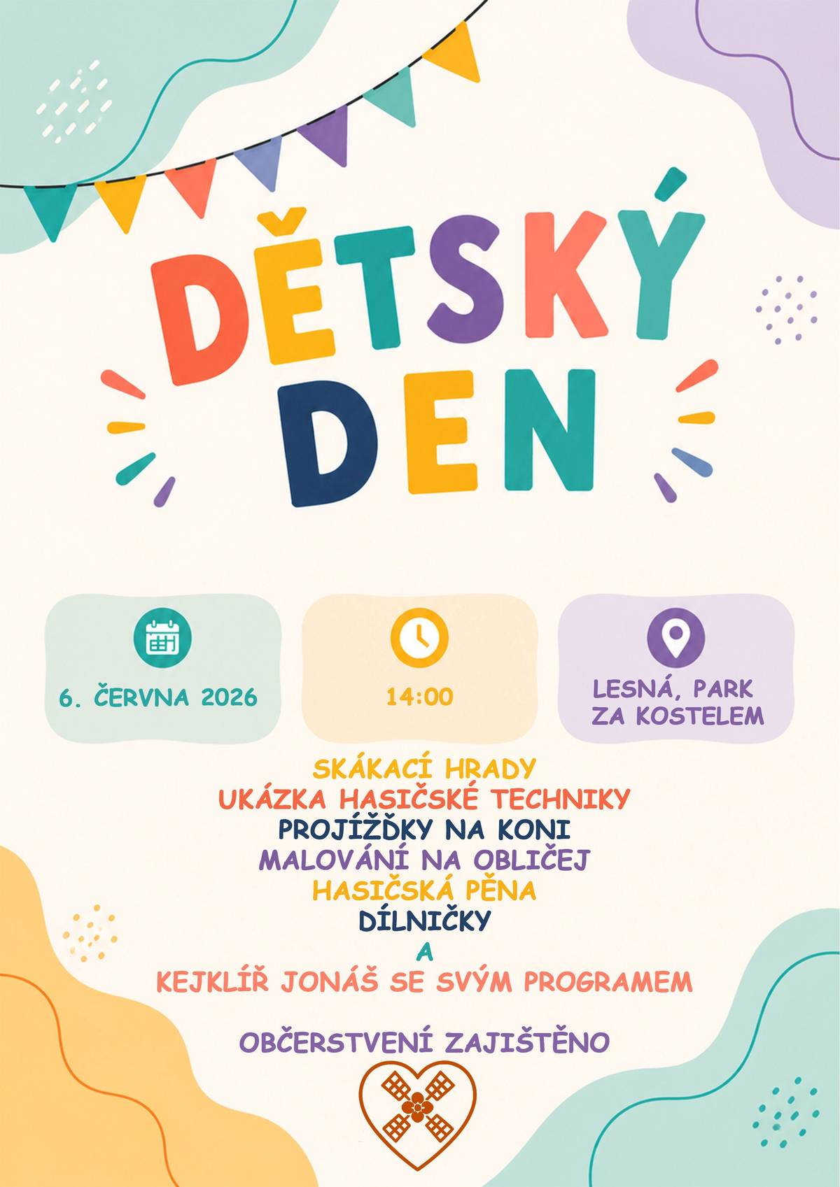 Zveme všechny děti i dospělé na dětský den, který bude 6. června 2026 od 14:00 v parku za kostelem.