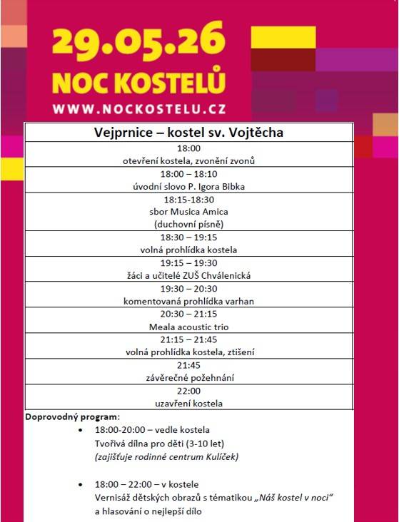 V pátek 29. května 2026 se ve Vejprnicích opět uskuteční oblíbená Noc kostelů v kostele sv. Vojtěcha. Na akci se letos můžete vydat i stylově – historickým motorovým vozem M131.1 „Hurvínek“, který v rámci zvláštních jízd propojí Rokycany, Plzeň, Vejprnice a další obce.