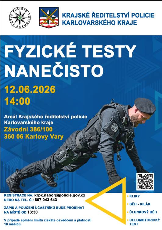 Areál Krajského ředitelství Policie Karlovarského kraje 12.6.2026 od 14h ovládnou fyzické testy nanečisto. V případě splnění obdržíte osvědčení s platností 18 měsíců.