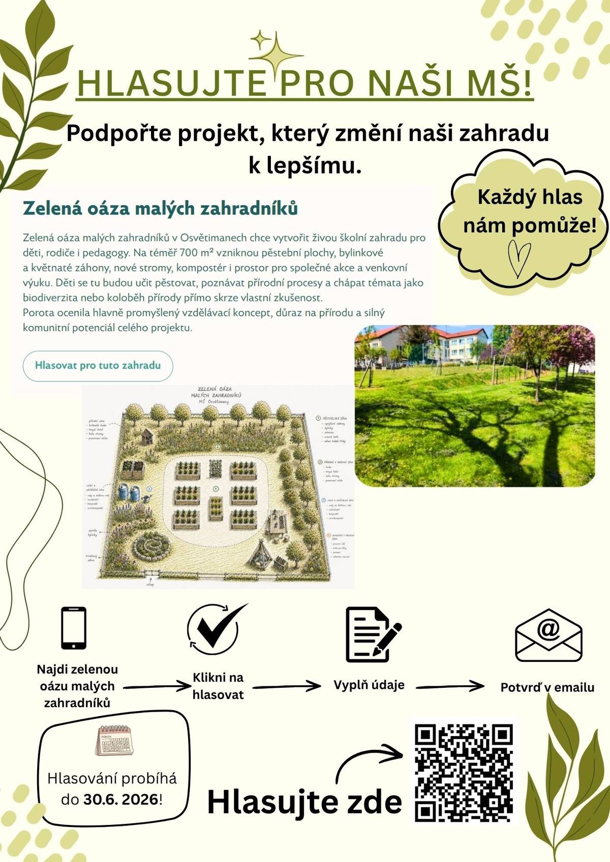 Postoupili jsme do 2. kola soutěže a teď potřebujeme vaše hlasy.   Budeme moc rádi, když si najdete chvilku a zahlasujete pro nás.   Všechny informace o hlasování najdete na přiloženém plakátku.     Odkaz: https://www.kokoza.cz/projekty/zelene-oazy-hlasovani/