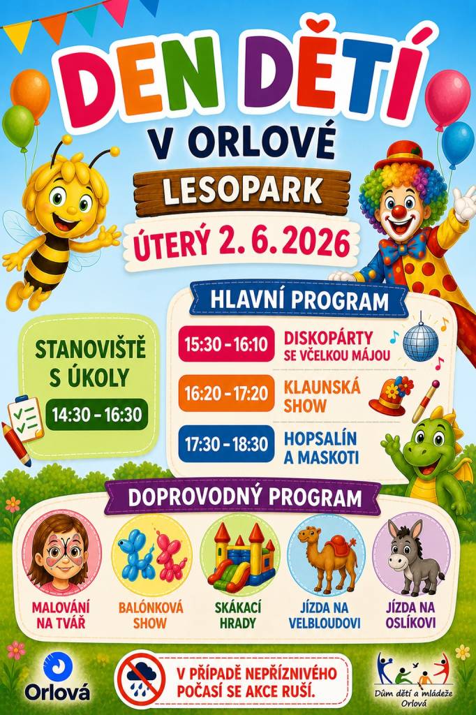 Den dětí se blíží a Dům dětí a mládeže Orlová připravil pro všechny malé i velké bohatý program plný zábavy a soutěží. V úterý 2. června budou od 14:30 hodin k dispozici stanoviště s úkoly. Následně v 15:30 začne diskopárty se včelkou Májou, těšit se můžete také na veselou klaunskou show nebo setkání s oblíbenými maskoty. Chyb...