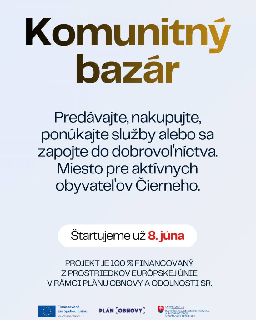 Nový portál občana ponúkne komunitný bazár pre obyvateľov Čierneho. Od 8. júna budete môcť na jednom mieste nájsť digitálne služby, praktické informácie a jednoduchší prístup k veciam, ktoré sa týkajú života v našej obci.