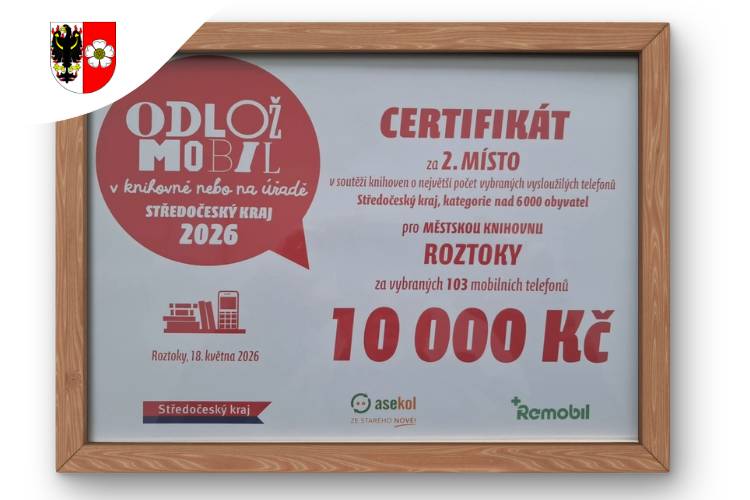 V rámci akce „Odlož mobil v knihovně“ se v roztocké knihovně sešlo více než 100 vysloužilých zařízení. Díky tomu jsme získali 2. místo mezi středočeskými městy nad 6 000 obyvatel a odměnu 10 000 Kč. Děkujeme všem účastníkům a máme radost, že Roztočáci přistupují k elektroodpadu zodpovědně.