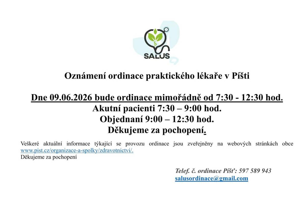 Oznámení ordinace praktického lékaře v Píšti