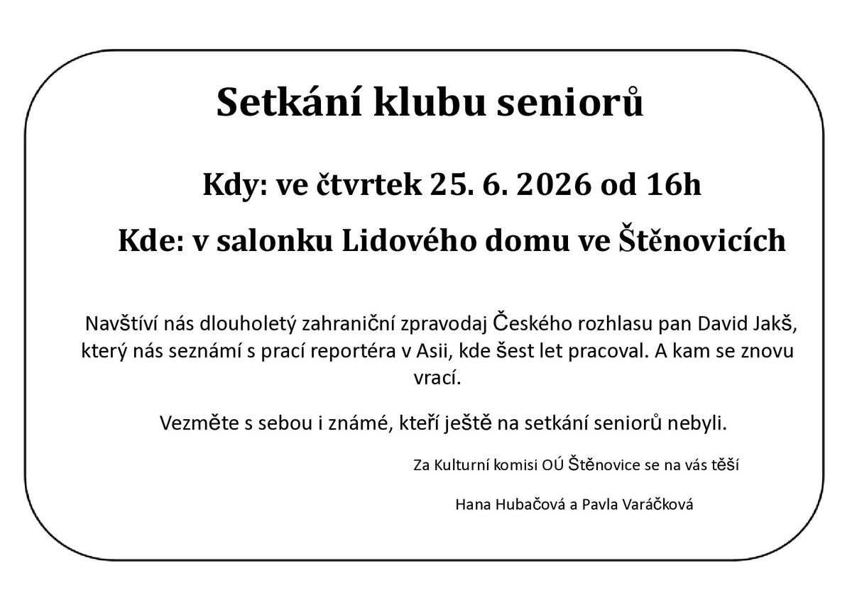 Setkání seniorů s hostem Davidem Jakšem, zahraničním zpravodajem Českého rozhlasu