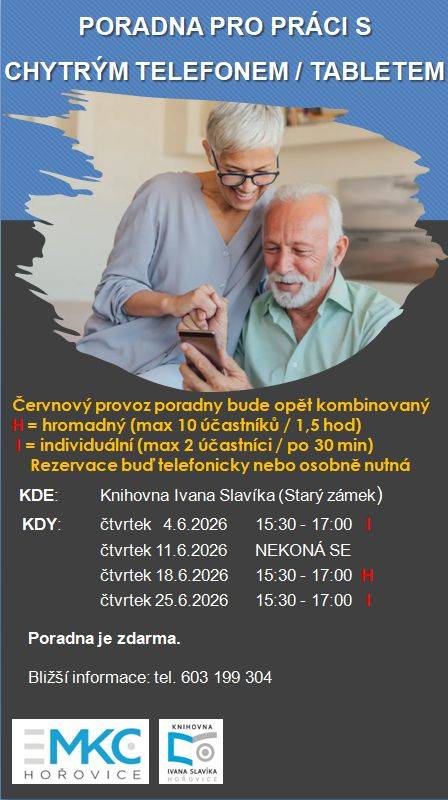 Potřebujete poradit s chytrým telefonem nebo tabletem?     Nevíte si rady s aplikacemi, nastavením nebo bezpečností?  Zveme vás na červnovou Poradnu pro práci s chytrým telefonem a tabletem v Knihovně Ivana Slavíka Hořovice.