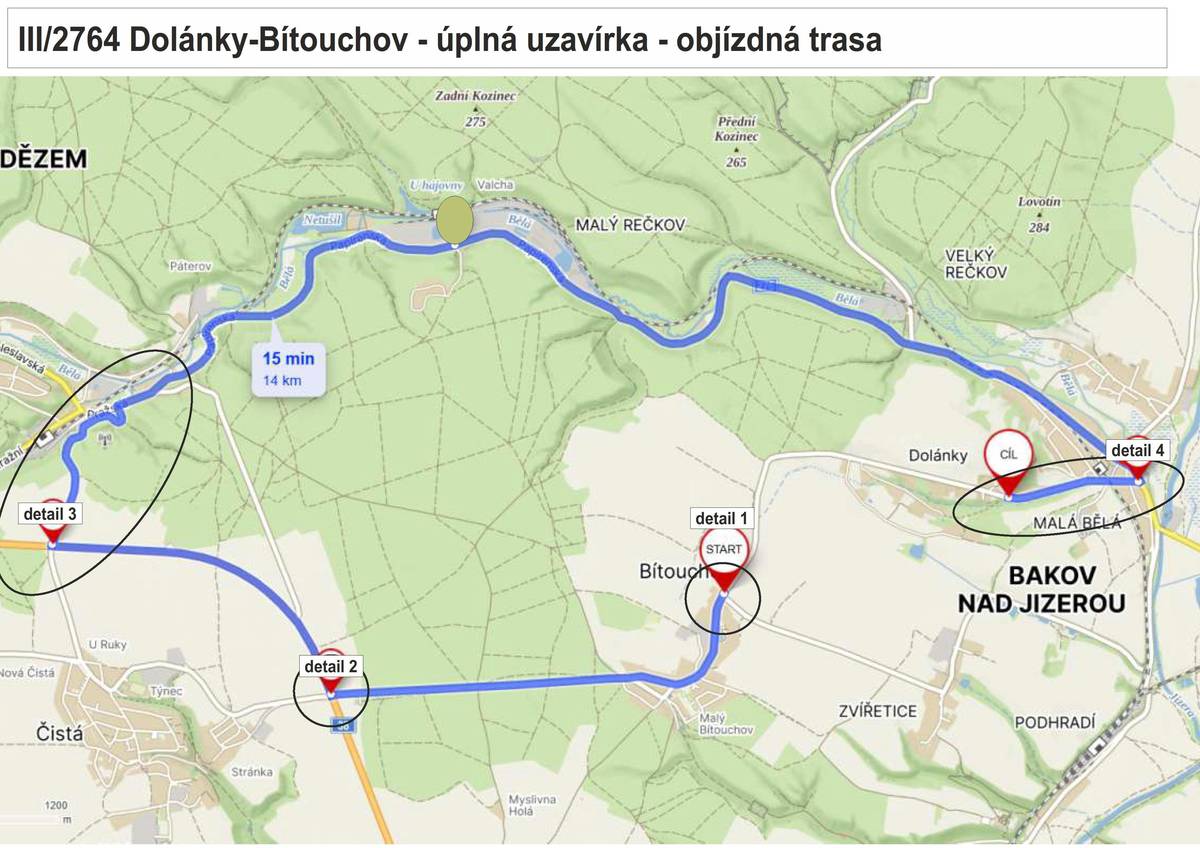 👷Od 1. června do 3. července 2026 bude z důvodu opravy povrchu vozovky zcela uzavřena silnice III/2764 mezi Dolánkami a Bítouchovem  🚌 V souvislosti s úplnou uzavírkou bude upravena také trasa autobusové linky PID 719.  ℹ️ Sledujte dopravní značení a věnujte pozornost změnám v autobusové dopravě. Děkujeme za pochopení a trpělivost. Více info v článku na webu města.