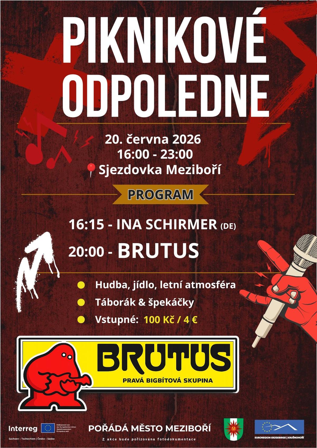 Přijďte si užít letní odpoledne plné hudby, dobrého jídla a pohodové atmosféry! ☀️ 📅 Sobota 20. června 2026 🕓 16:00–23:00 📍 Sjezdovka Meziboří Těšit se můžete na příjemné posezení, táborák, špekáčky a hlavně skvělou hudbu. 🎤🔥 🎵 Program: 16:15 – Ina Schirmer (DE) 20:00 – BRUTUS – pravá bigbítová skupina 🎟️ Vstupné: 100 Kč / 4 € 🎫 Předprodej lístků probíhá v Městské knihovně Meziboří a začíná v pondělí 1. 6. 2026. 🌭🥤 K lístkům zakoupeným v předprodeji je v ceně buřt a nápoj. Dorazte s rodinou nebo přáteli a užijte si pohodový večer na sjezdovce. Těšíme se na vás! 😊