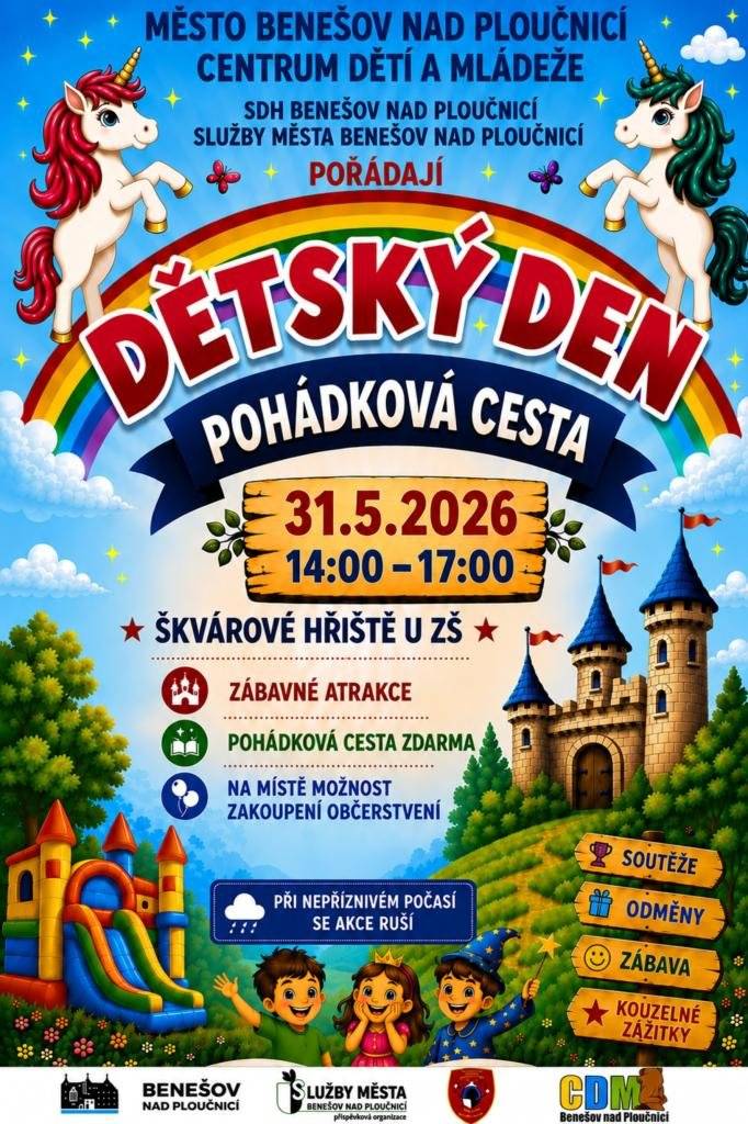 Srdečně zveme všechny malé i velké na Dětský den s pohádkovou cestou, který se uskuteční v neděli 31. května od 14:00 do 17:00 hodin na hřišti u ZŠ.   Přijďte si užít krásné odpoledne plné her, smíchu a pohádkových setkání. Těšíme se na vás!  Akci pořádají Město Benešov nad Ploučnicí, Centrum dětí a mládeže, SDH Benešov nad Ploučnicí a Služby města Benešov nad Ploučnicí.