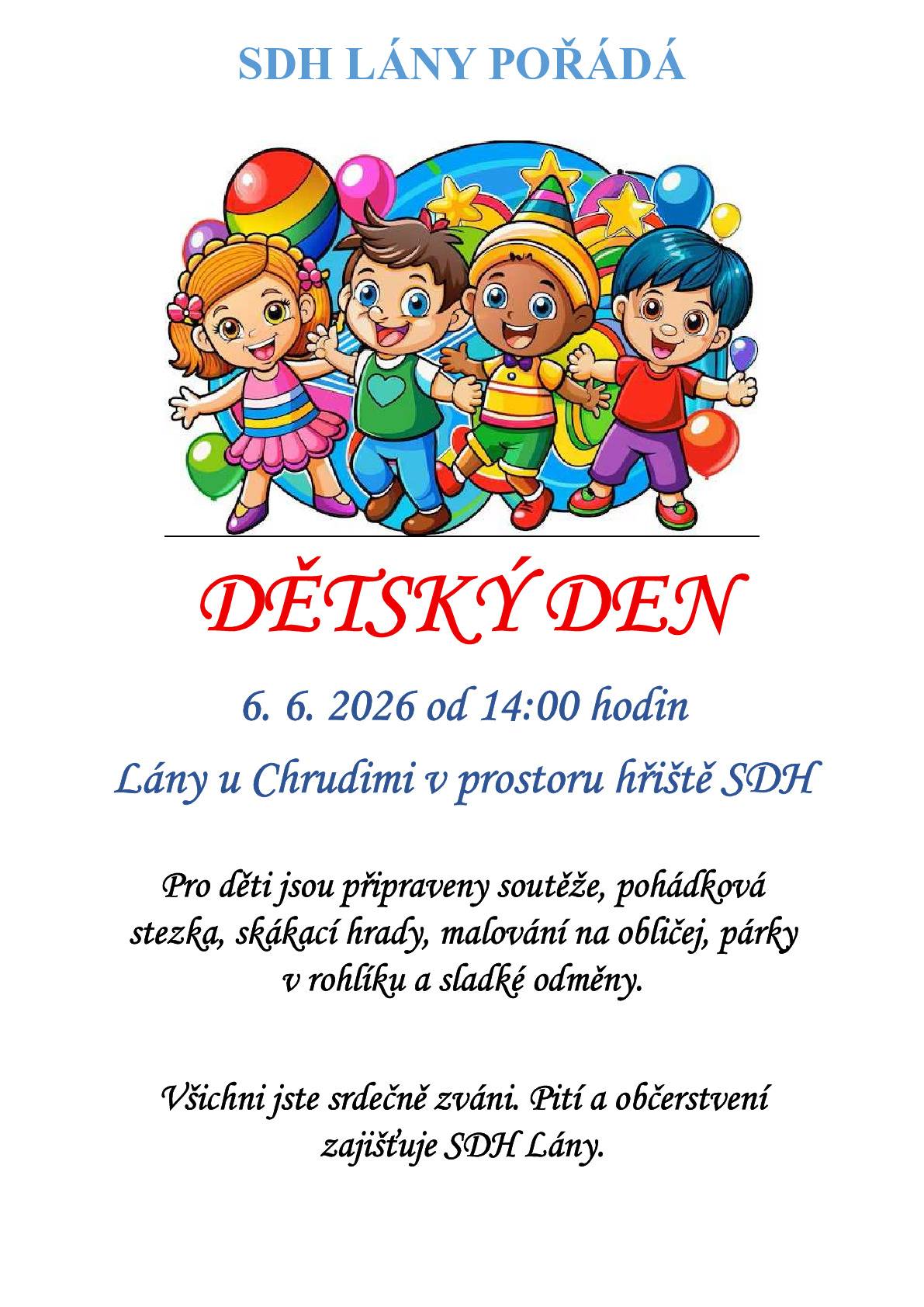 Pozvánka na dětský den v Lánech dne 6. 6. 2026 od 14:00 hodin.