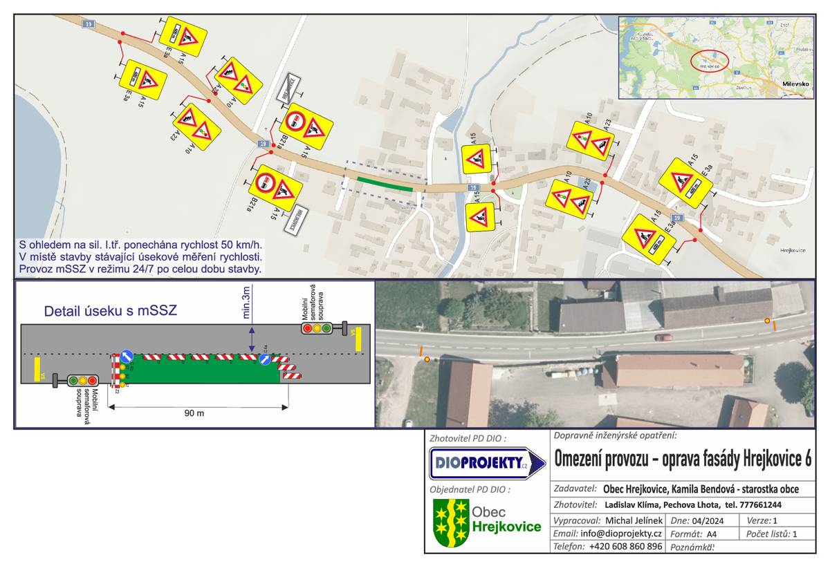 Upozorňujeme občany, že ve dnech 1.-5.6.2026 dojde k částečné uzavírce silnice I/19 v obci Hrejkovice z důvody oprav fasády na obecní budově čp.6. Doprava bude řízena semafory. Buďte opatrní, sledujte  přechodné dopravní značení.