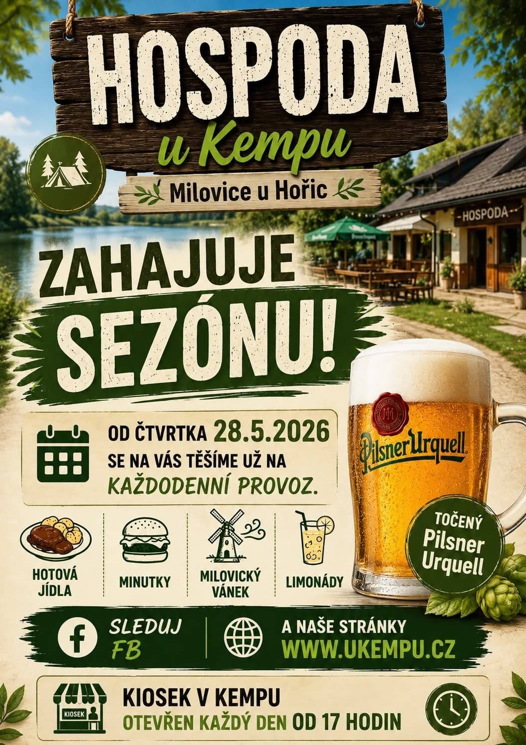 Ve čtvrtek zahajujeme denní provoz.... každý den obědy, víkendy i večeře. těšíme se na Vás v sezoně 2026..... Hospoda U Kempu 🥘🍔🍺