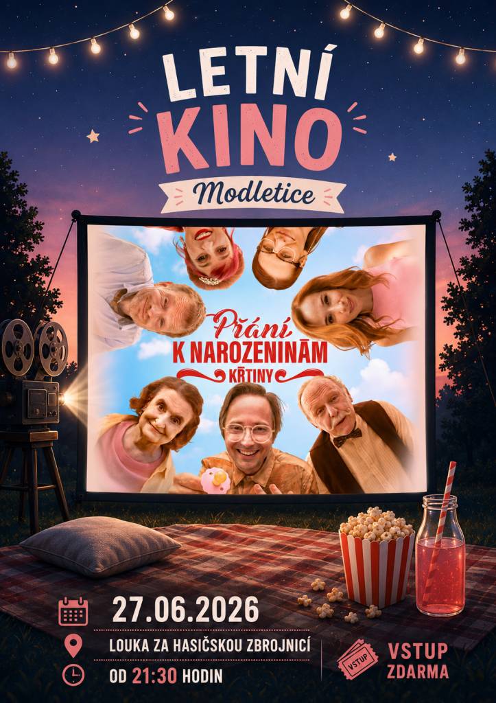 Obec Modletice Vás srdečně zve na první letní kino v tomto roce, konat se bude v sobotu 27.06.2025 u Hasičské zbrojnice.  Promítat se bude film "Přání k narozeninám: Křtiny"  Začátek promítání po setmění, cca po 21:30 hodin.  Více o filmu a ukázka níže.