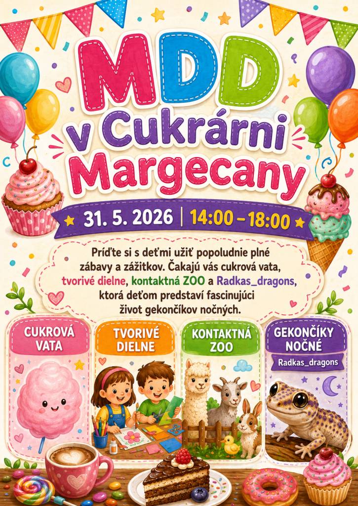 Príďte si s deťmi užiť popoludnie plné zábavy a zážitkov do Cukrárne už túto nedeľu 31.5.2026 od 14:00-18:00. Čakajú vás cukrová vata, tvorivé dielne, kontaktná ZOO a Radkas_dragons ,ktorá deťom predstaví fascinujúci život gekončíkov nočných.