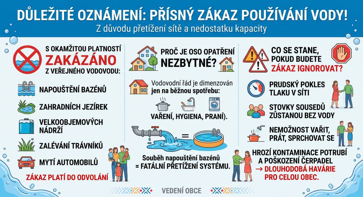 Vážení spoluobčané,  z důvodu aktuálního přetížení vodovodní sítě a nedostatku kapacity vodních zdrojů vydává vedení obce s okamžitou platností přísný zákaz napouštění bazénů, zahradních jezírek a jiných velkoobjemových nádrží z veřejného vodovodu.