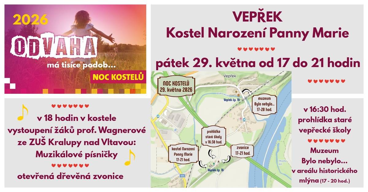 Milí spoluobčané, přespolní i pamětníci, zveme Vás na dnešní Noc kostelů, která nabízí podvečer plný setkání, hudby, vzpomínek... V 16:30 začínáme prohlídkou staré školy na Vepřku, která sousedí s kostelem. Osud budovy, kde se po staletí učily místní děti, nám není úplně lhostejný, rádi bychom jí vrátily život, tohle je proto malým začátkem - projít se, zavzpomínat, zasnít se "co by, kdyby"... Od 17 hodin se otevírají vrata kostela, zvoničky i nedalekého muzea Bylo nebylo... v areálu mlýna. Prohlídky individuální či s našimi průvodci. V 18 hodin si nenechte ujít koncert žáků oboru populární zpěv ze ZUŠ Kralupy, pod vedením Markéty Wagnerové pro nás mají pásmo muzikálových melodií. Před kostelem si můžete prohlédnout výstavu k 800. výročí úmrtí Františka z Assisi a před školou výstavu k historii školy. Všechny památky budou otevřené do 21 hodin. Těšíme se na viděnou! B. Tobiášková, kultura Nová Ves