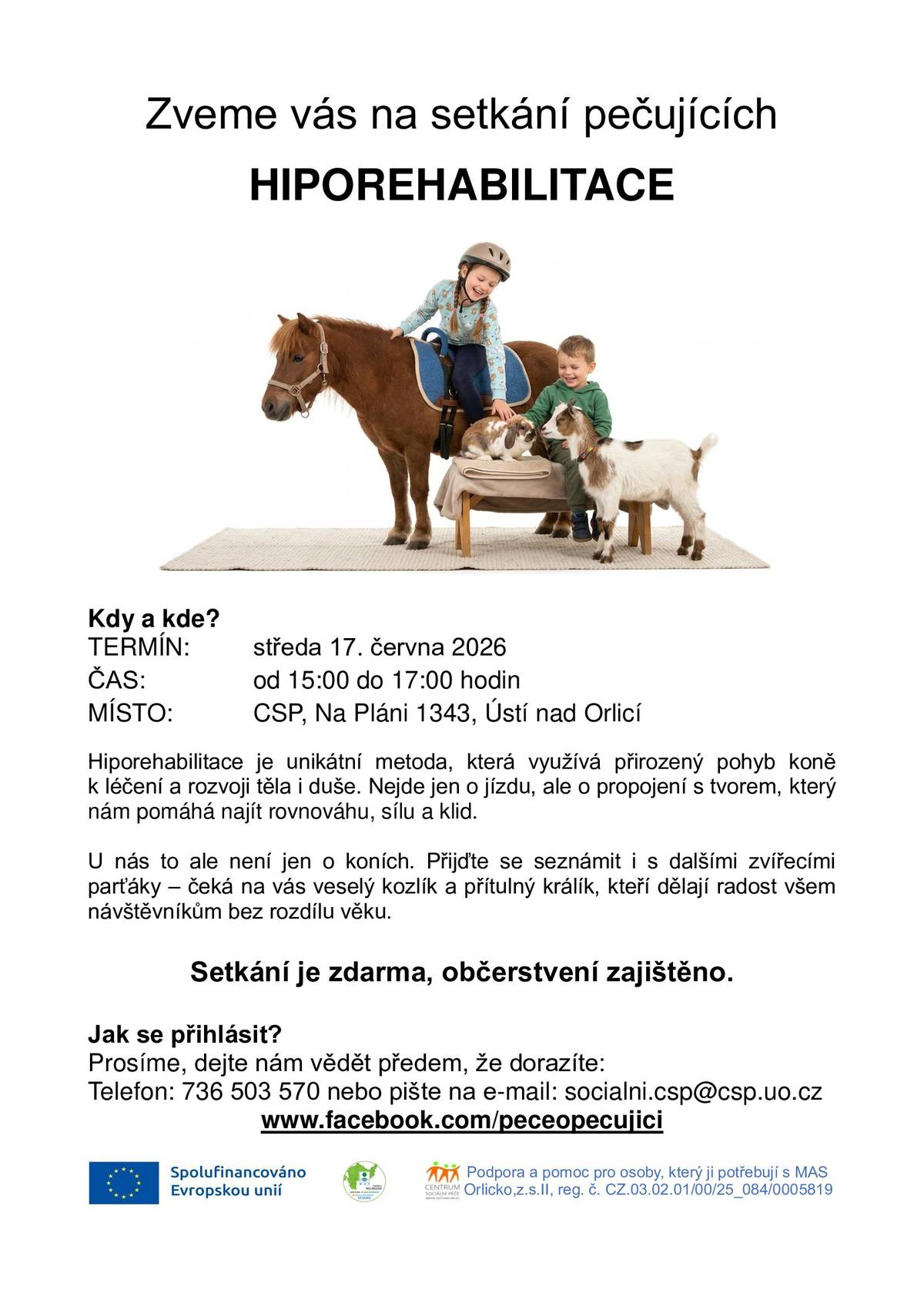 Zveme vás na setkání pečujících ve středu 17. 6. 2026 od 15 do 17 v Centru sociální péče Ústí nad Orlicí.