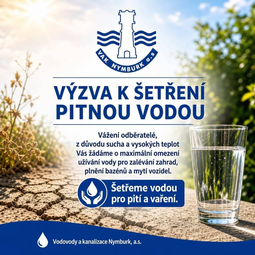 Vážení odběratelé pitné vody, Vodovody a kanalizace Nymburk, a.s., upravují vodu z podzemních vodních zdrojů, které nejsou neomezené. Z důvodu dnů s vysokými teplotami vzduchu a velmi nízkých dešťových srážek dochází k vysokým nárůstům odběru pitné vody ne však pro pití, vaření a sociální účely. Vzrůstá odběr pitné vody především pro jiné účely než pro které je pitná voda určena, tj. k pití, vaření, přípravě jídel a nápojů, v potravinářství, k péči o tělo, k čištění předmětů, které svým určením přicházejí do styku s potravinami nebo lidským tělem, a k dalším účelům lidské spotřeby jsou vody pro sociální účely. Voda z veřejných vodovodů není určena pro zalévání zahrad, plnění bazénů, mytí vozidel, apod., proto Vás vyzýváme k maximálnímu omezení užívání pitné vody pro tyto účely. Zvýšenými průtoky vody v síti dochází v některých oblastech i k zakalení vody. Pokud by situace byla neúnosná, museli bychom přistoupit k přerušování dodávky pitné vody z veřejných vodovodů a to zejména, abychom zabezpečili vodu pro hlavní účel jejího použití . Děkujeme všem odběratelům za odpovědný přístup k užívání a šetření s pitnou vodou. Vodovody a kanalizace Nymburk, a.s.