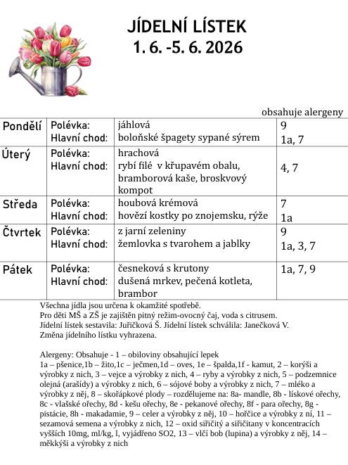 Jídelní lístek od 1.6. do 5.6.2026