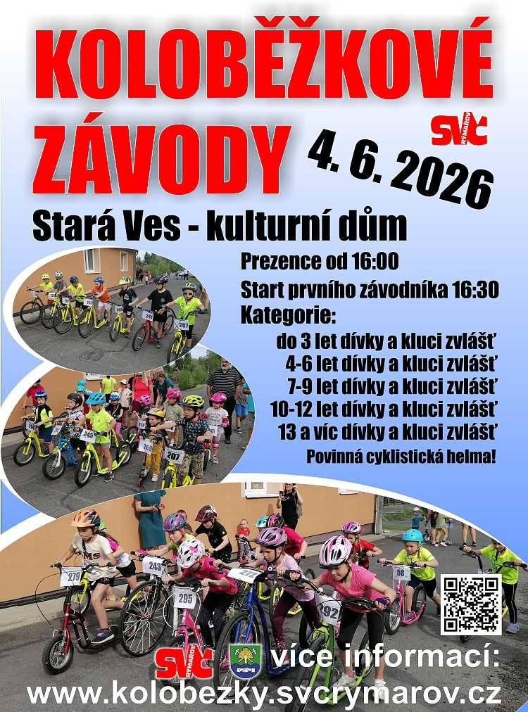Koloběžkové závody ve čtvrtek 4.6.2026, Prezentace od 16:00 hod, více informací v plakátku. Povinná cyklistická helma!