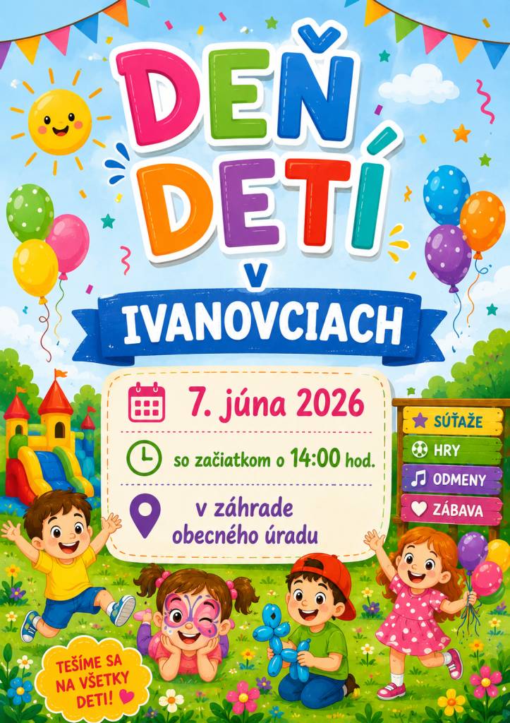 Dňa 7. júna 2026 (nedeľa) pozývame všetky detičky na Deň detí v Ivanovciach so začiatkom o 14:00hod. v záhrade obecného úradu. Tešiť sa môžete na množstvo súťaží, skákacie hrady, sladké odmeny a chutné občerstvenie.  Tešíme sa na Vás