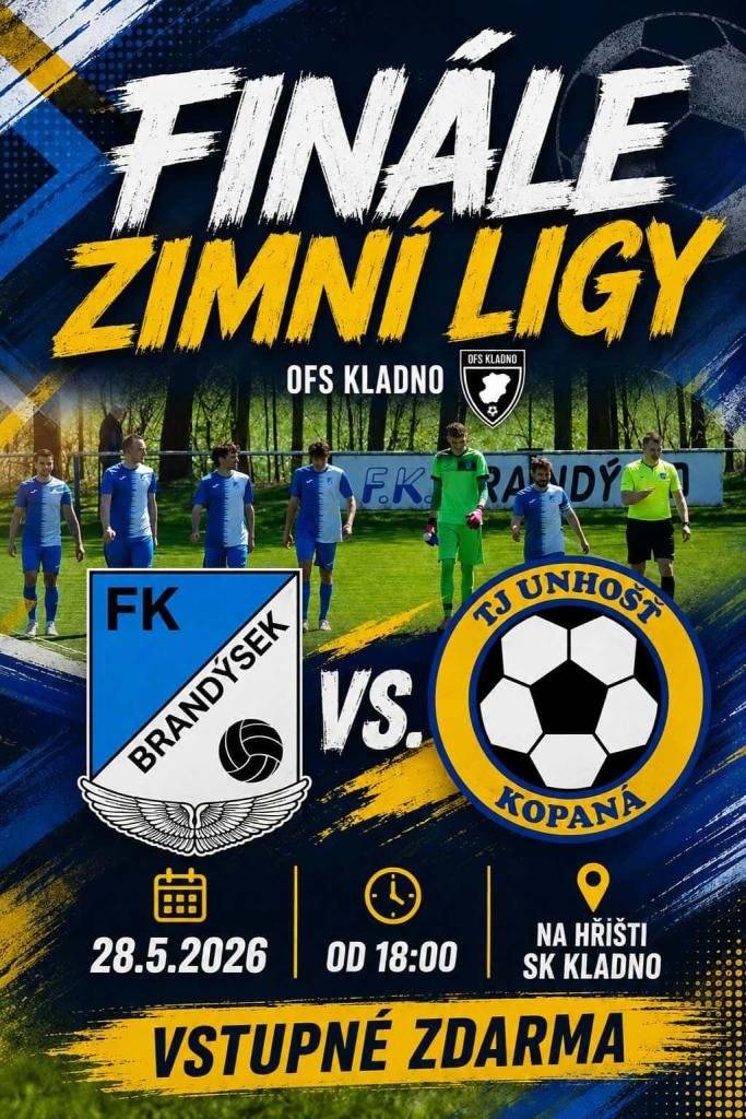 Oznamujeme občanům, že dne 28.5.2026 od 18:00 hod. čeká FK Brandýsek FINÁLE ZIMNÍ LIGY proti týmu z Unhoště na hlavním hřišti SK Kladno! Přijďte je podpořit a užít si atmosféru okresního finále na stadionu třetiligového týmu! Každý hlas, každý potlesk a každá energie na tribuně se počítá.  Vstup ZDARMA.