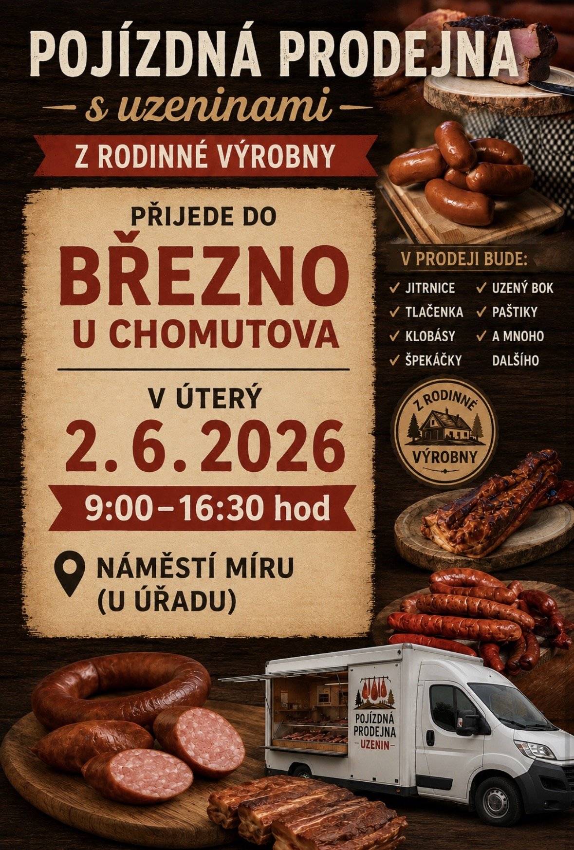V úterý 2. června k nám dorazí oblíbená pojízdná prodejna s uzeninami z rodinné výroby. 🍖🍗😍 Od 9:00 do 16:30 hodin si budete moci koupit u úřadu jitrnice, tlačenky, klobásy, špekáčky a spoustu dalšího. 😋