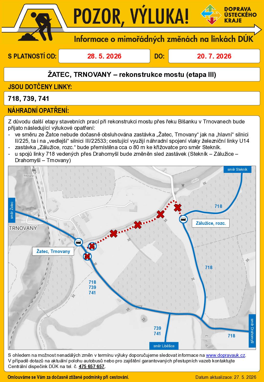 Při rekonstrukci mostu v Trnovanech nebude na základě stanoviska Police ĆR využívána autobusovými linkami DÚK zastávka „Žatec, Trnovany“ na silnici II/225 ve směru ze Žatce. Cestující při jízdě ze Žatce do Trnovan využijí nabídky spojů železniční linky U14. Vyplývá to z aktualizovaných informací Krajského úřadu Ústeckého kraje. Děkujeme za pochopení!