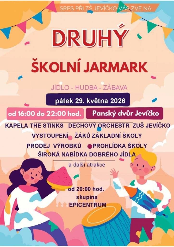 🌟 2. ŠKOLNÍ JARMARK JE TADY! 🌟 Přijďte si užít odpoledne a večer plný zábavy, hudby, dobrého jídla a setkání s přáteli na jedinečné akci, kterou si nesmíte nechat ujít! 📅 Pátek 29. května 2026 🕓 16:00–22:00 hodin 📍 Panský dvůr Jevíčko 🎶 Na co se můžete těšit? ✨ Vystoupení žáků Základní školy Jevíčko ✨ Dechový orchestr ZUŠ Jevíčko ✨ Kapela The Stinks ✨ Večerní koncert skupiny Epicentrum od 20:00 hodin ✨ Prohlídka školy ✨ Prodej výrobků dětí a žáků ✨ Bohaté občerstvení a široká nabídka dobrot ✨ A mnoho dalších atrakcí pro malé i velké 🍔🎈 Přijďte podpořit naše děti, ochutnat skvělé dobroty, pobavit se a vytvořit společně nezapomenutelnou atmosféru. 💛 Vezměte rodinu, přátele i sousedy a dorazte si užít den plný radosti, hudby a zážitků! 👉 Sdílejte událost a pozvěte všechny, kteří mají rádi dobrou zábavu. Těšíme se na vás! #SkolniJarmarkJevicko #Jevicko #PanskyDvur #RodinnaAkce #HudbaJidloZabava #PodporujemeDeti #Epicentrum #TheStinks #ZSJevicko