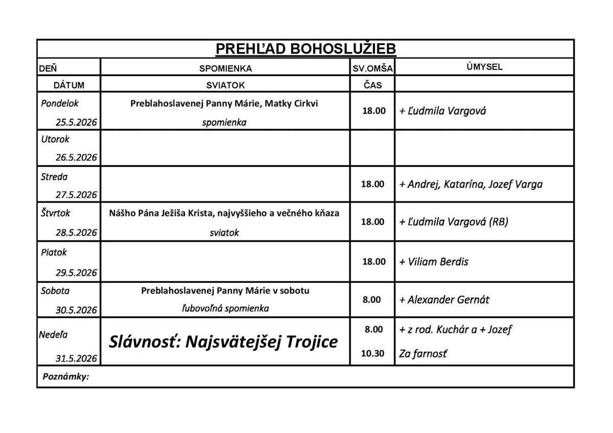 Prehľad Bohoslužieb 25.05.2026- 31.05.2026