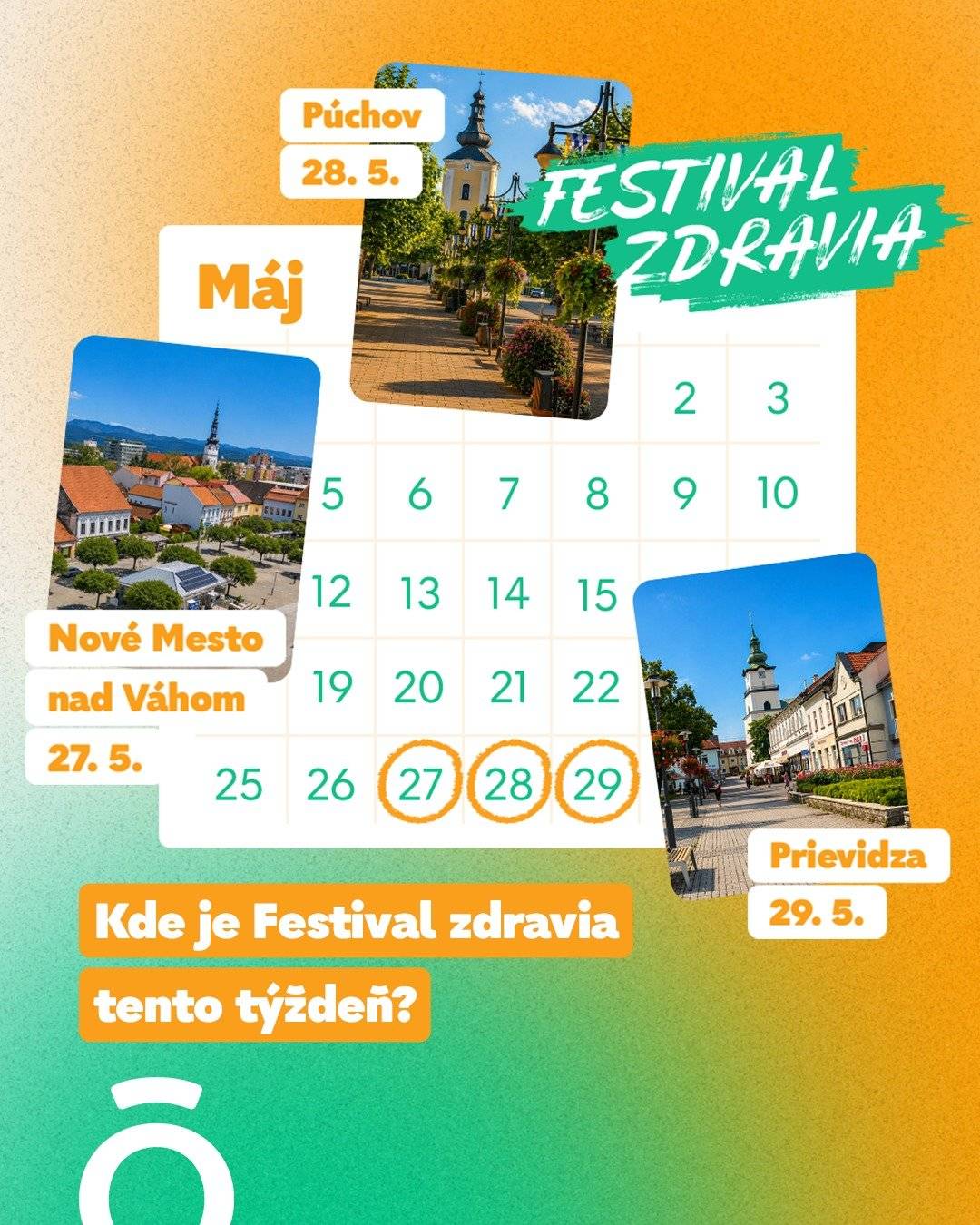 Zajtra 28. mája 2026 sa v Púchove na pešej zóne uskutoční Festival zdravia, ktorý pripravuje Dôvera zdravotná poisťovňa.     Pre návštevníkom Festivalu zdravia ponúkajú množstvo zaujímavých informácií o udržiavaní zdravého životného štýlu a o fyzickej aj psychickej pohode. V stánkoch si pre návštevníkov prichystali rôzne merania a iné zaujímavé aktivity.     Podujatie sa koná od 10:00 do 18:00 hod.     Viac na stránkach Dôvery zdravotnej poisťovne alebo https://www.dovera.sk/festivalzdravia?id=020