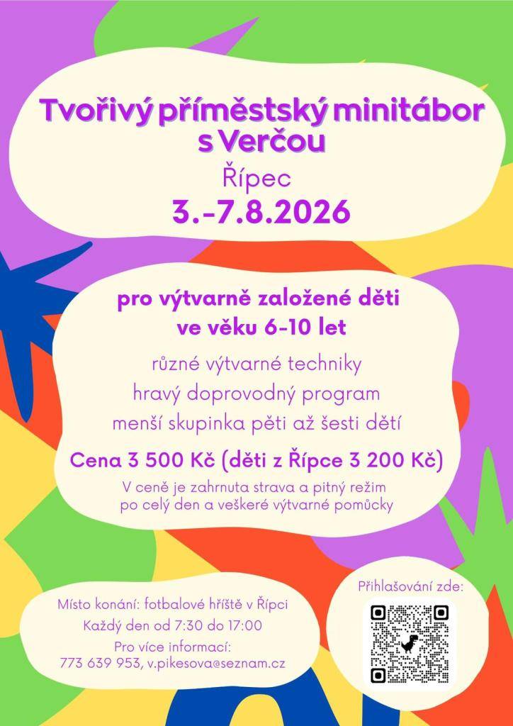 Na Tvořivý příměstský minitábor s Verčou, který se bude konat v týdnu od 3. do 7. srpna zbývá posledních pár volných míst. Zájemci se mohou hlásit na tel. čísle 773 639 953 (Verča).