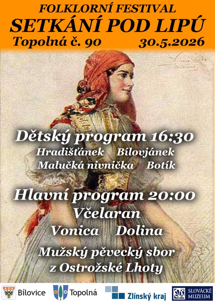 Folklorní festival Setkání pod lipú proběhne v sobotu 30.5.2026 na památkové usedlosti č. 90 v Topolné. Od 16:30 se můžete těšit na dětské folklorní soubory a od 20:00 na hlavní program plný folklorních souborů z různých oblastí