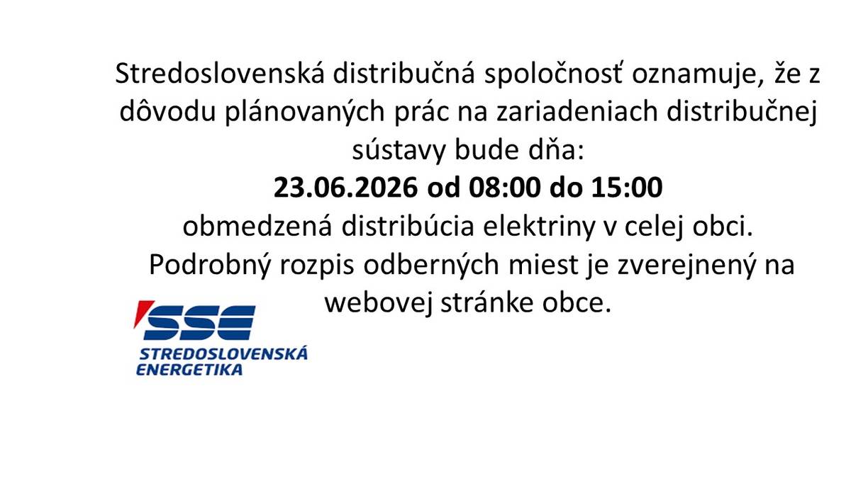 Oznámenie o prerušení distribúcie elektriny 23.06.2026