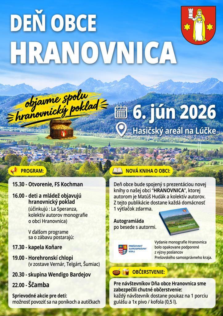 Obec Hranovnica srdečne pozýva všetkých občanov a návštevníkov na Deň obce Hranovnica, ktorý sa uskutoční v sobotu 6. júna 2026 v hasičskom areáli na Lúčke. Súčasťou podujatia bude spoločné objavovanie hranovnického pokladu, bohatý kultúrny program a prezentácia novej knihy o obci.