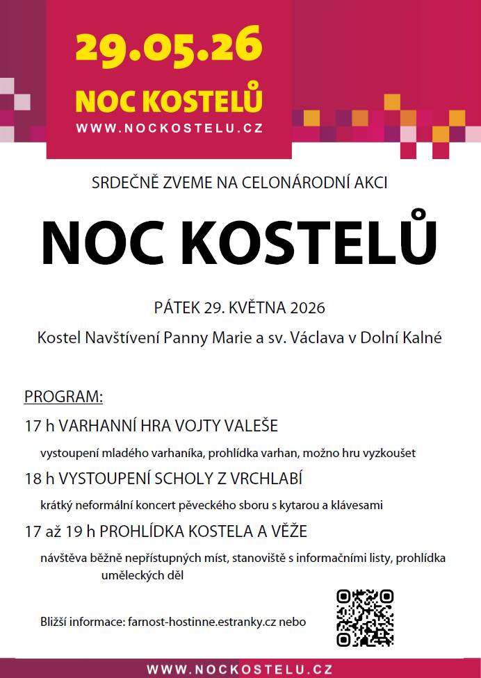 Tradiční celonárodní akce Noc kostelů. Pátek 29.5.2026 - kostel Navštívení Panny Marie a sv. Václava v Dolní Kalné.
