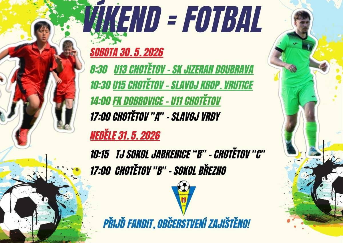 ⚽ Přehled víkendových utkání TJ Sokol Chotětov a také pozvánka na středeční semifinálové pohárové utkání "B" mužstva mužů ⚽. Všichni jste srdečně zváni 🤗!