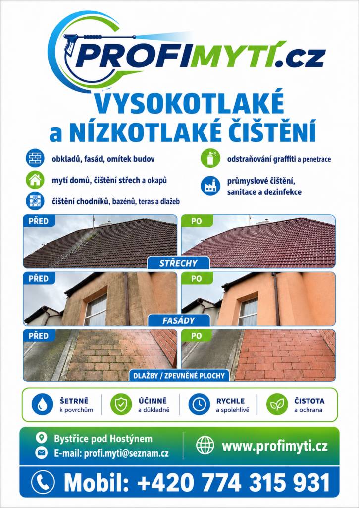 Společnost Profimytí nabízí občanům profesionální čištění exteriérů – mytí fasád, střech, dlažeb, příjezdových cest, chodníků a dalších venkovních povrchů. Dále nabízí odstranění mechů, řas, nečistot a zašlé špíny, aby povrchy opět vypadaly čistě a udržovaně.