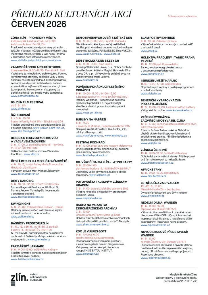 Přehled kulturních akcí ve Zlíně v měsíci červnu.