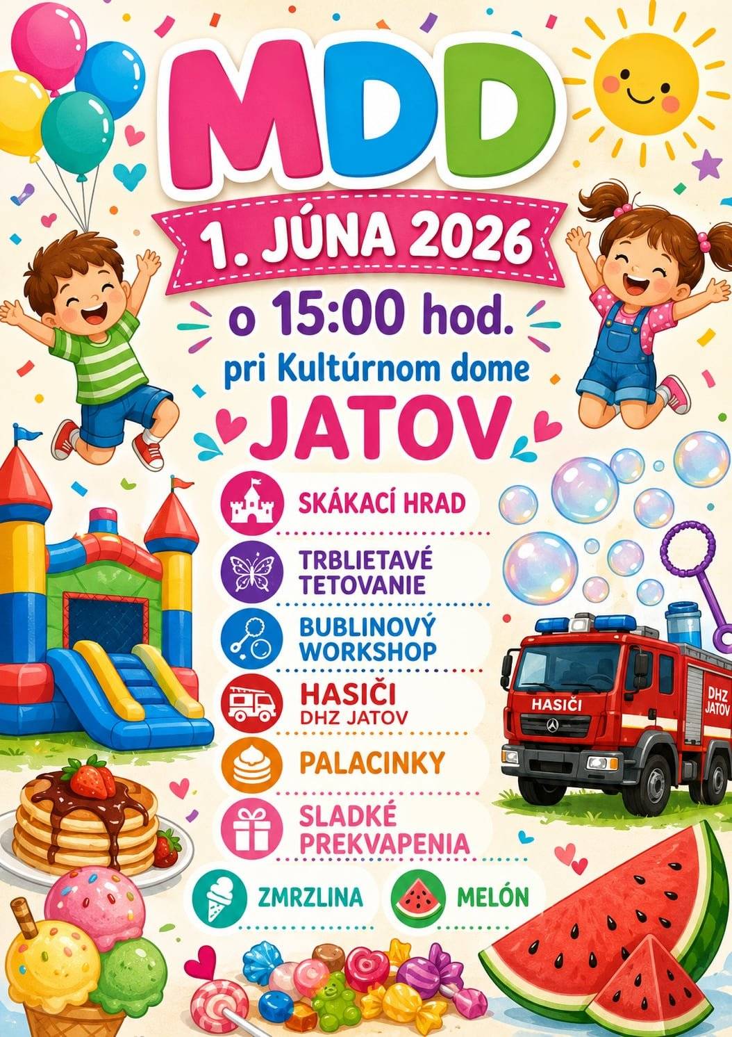Tešiť sa môžete aj na vozenie na hasičskom aute a budete sa môcť odfotiť aj s rozprávkovým maskotom. Čaká na Vás skvelá zábava a príjemne strávené popoludnie.