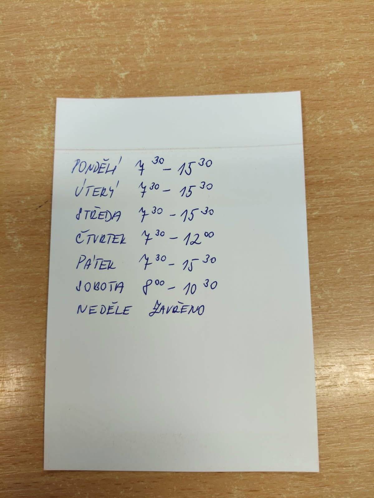 Dnes bude obchod otevřen pouze dopoledne od 7:30-12:00. Odpoledne bude zavřeno. Od 1.6.2026 platí nová otevírací doba viz příloha.