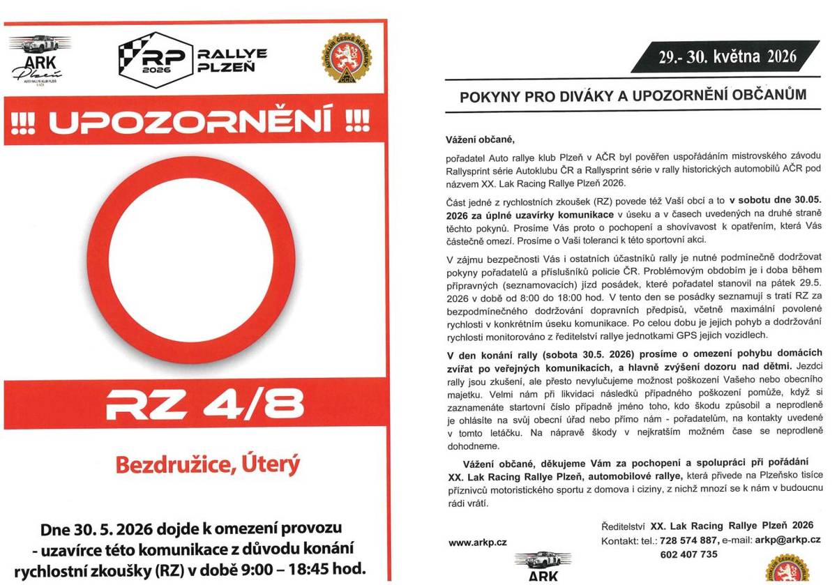 V sobotu 30.5.2026 dbejte prosím zvýšeného dozoru nad dětmi a domácími mazlíčky. Přes Bezdružice se pojede opět rally.