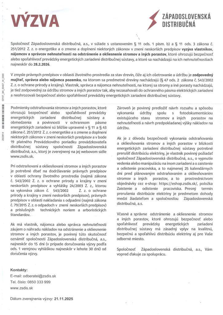 Výzva -Západoslovenská distribučná  Nyugat-Szlovákiai Villamosművek felhívása