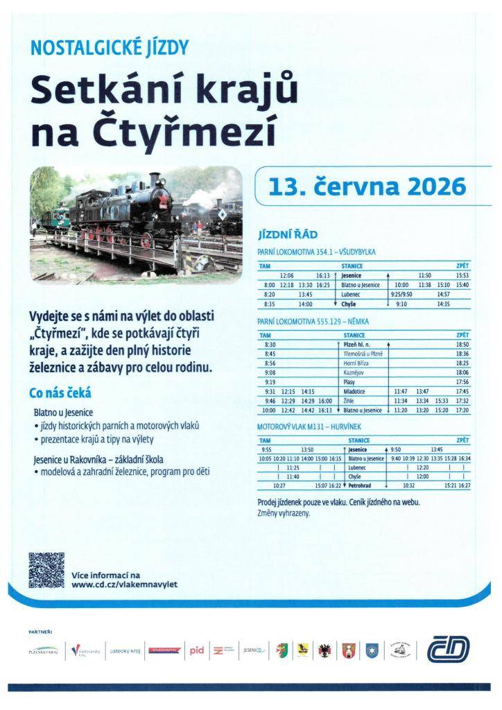 Na Čtyřmezí budou v sobotu 13. června 2026 vypraveny zvláštní parní vlaky a v železniční stanici Blatno u Jesenice je připraven i bohatý doprovodný program. Podrobnosti naleznete na přiloženém plakátu.