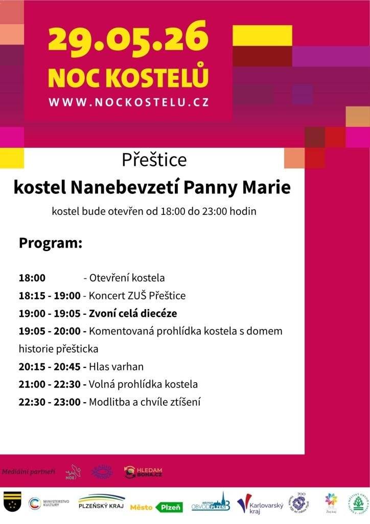 📍 pá 29. 5. 2026 ⛪ kostel Nanebevzetí Panny Marie v Přešticích  Město Přeštice upozorňuje občany, že v rámci NOCI KOSTELŮ, která proběhne v pátek 29. května, se uskuteční akce s názvem Zvoní celá diecéze, kdy budou v čase od 19:00 do 19:05 zvonit zvony kostelů. Občané tak uslyší i zvon kostela sv. Ambrože na Vícově.